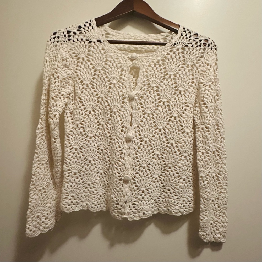 1950s Vintage Hand Knit Cream Crochet Cardigan